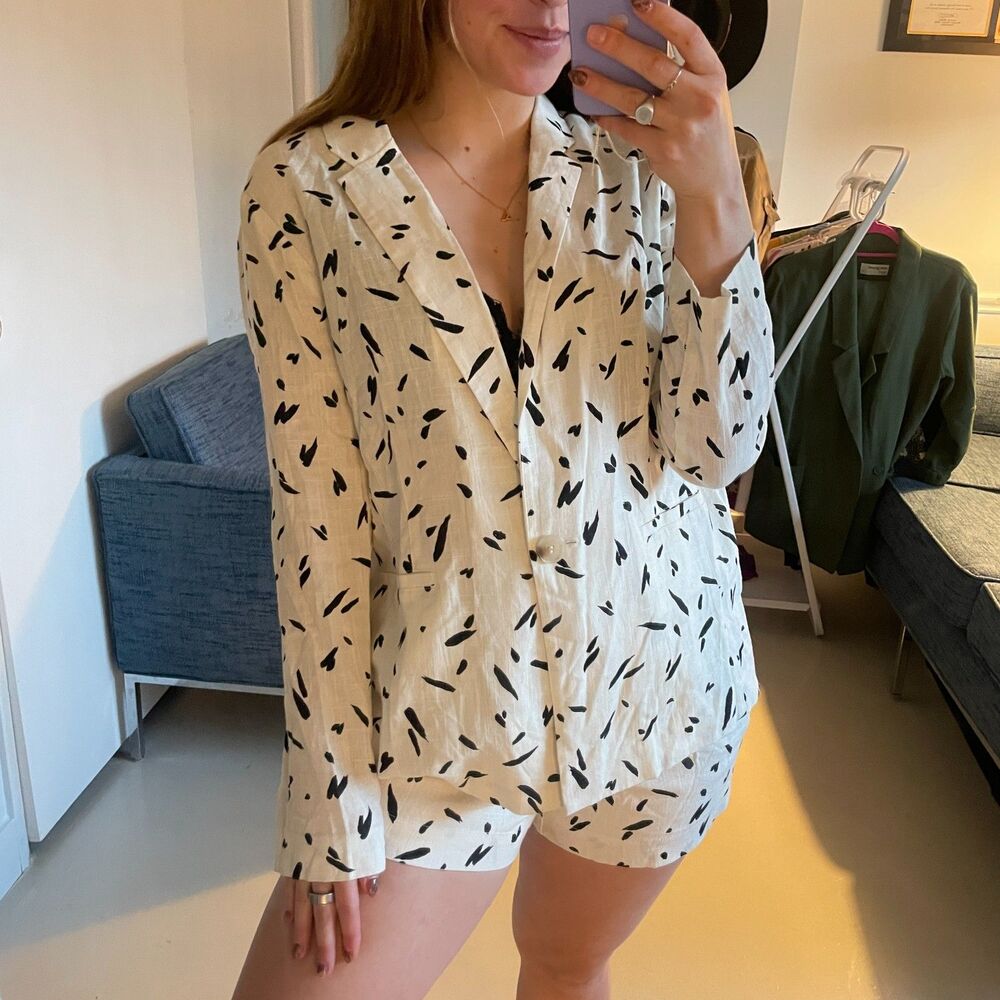 Lush Patterned Blazer Jacket and Shorts Linen Blend Set White Small